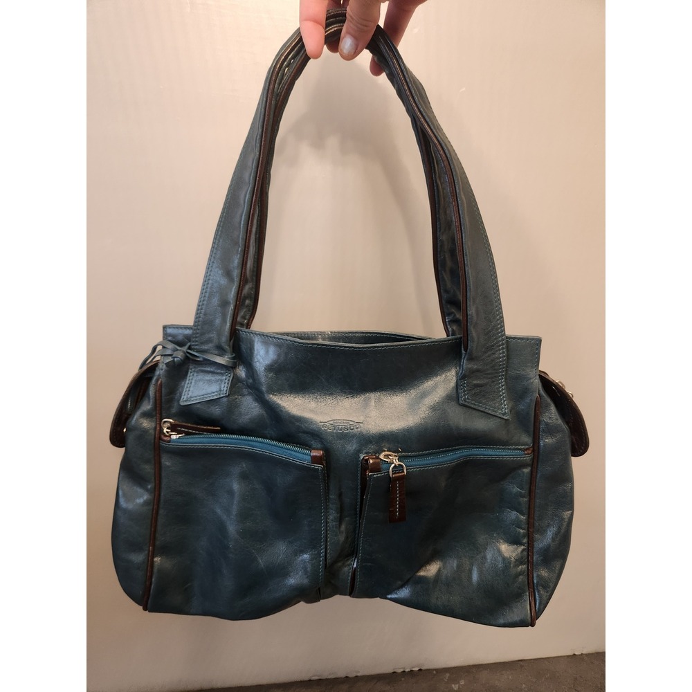 Petusco Shoulder Handbag Genuine Leather Double Strap‎ Front Zip Pockets Green